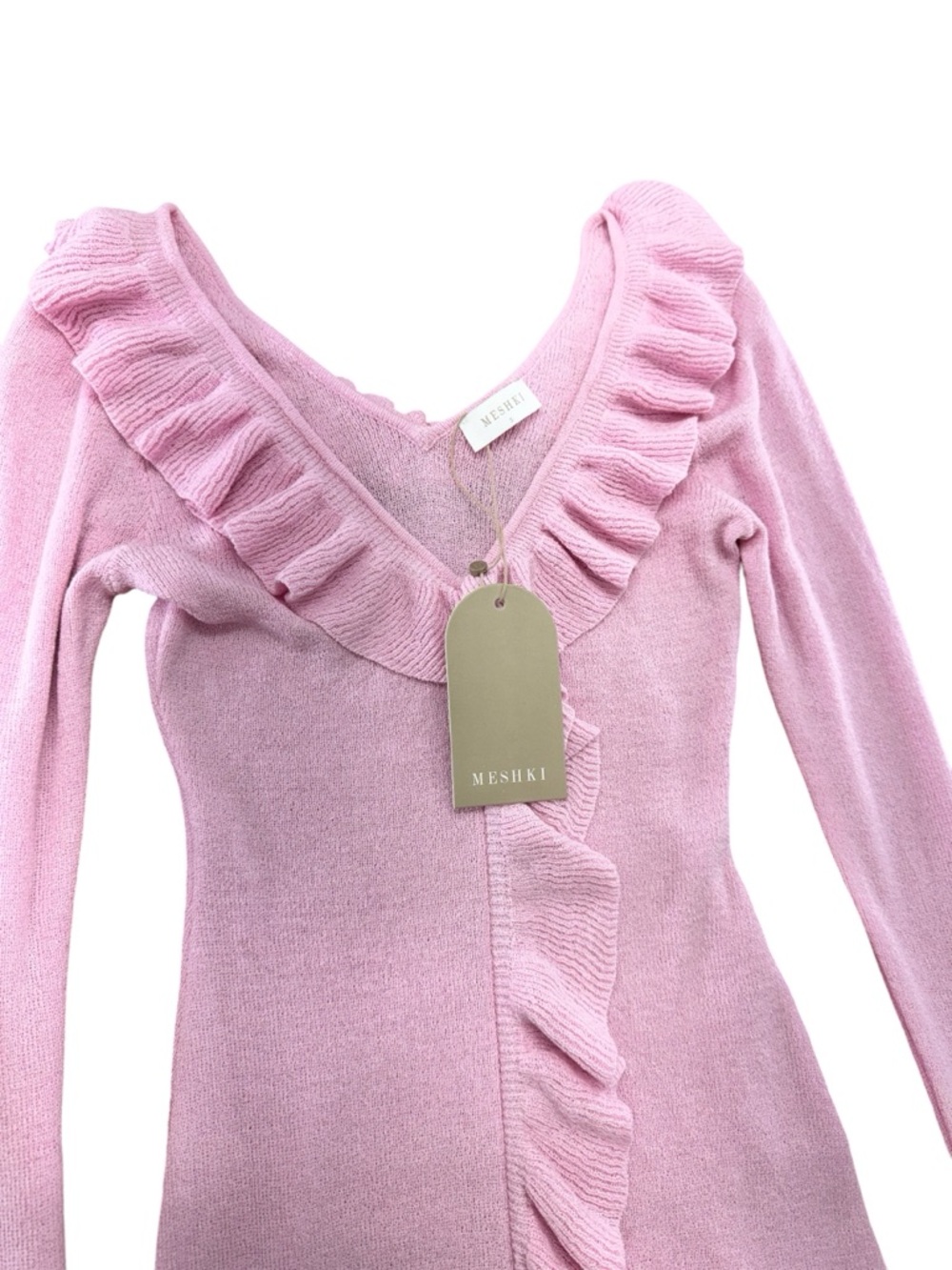 Pink Ruffle V-Neck Knit Mini Dress - Picture 4 of 13